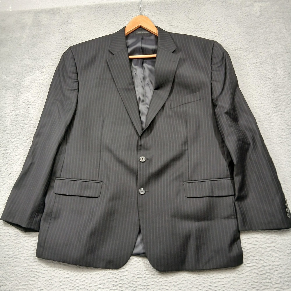 Chaps Men's 48R Black Pinstripe Blazer 100% Wool 2-Button Suit Jacket